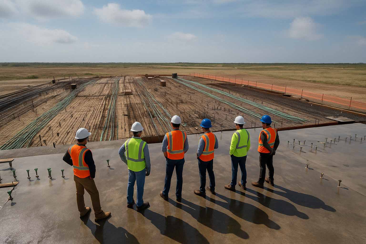 Construction managers collaborating over blueprints on-site