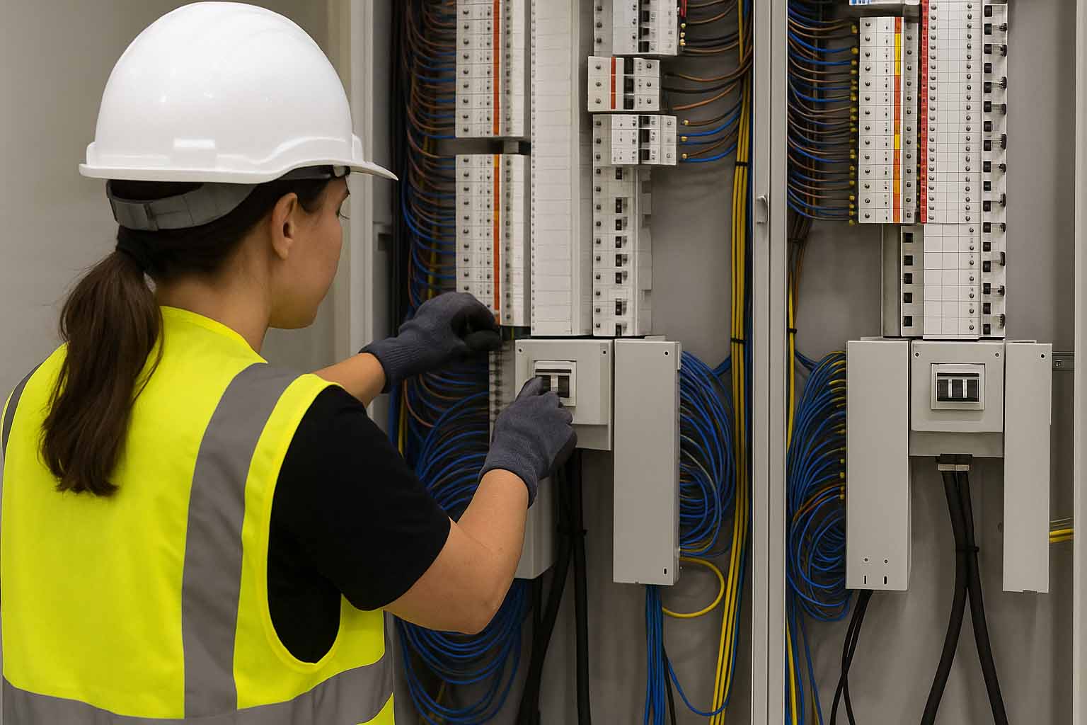 Team of electricians working on a commercial panel