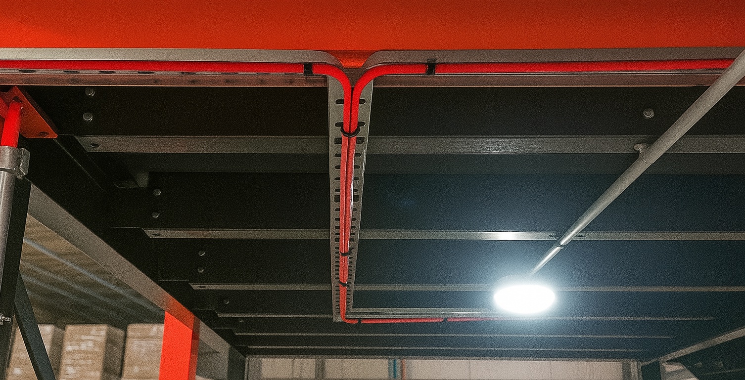 Close-up of red fire alarm system cabling